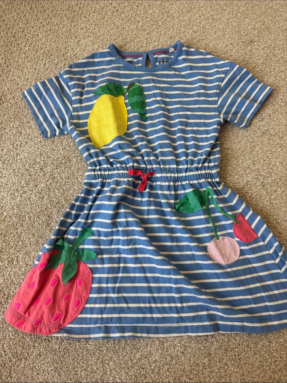 Mini Boden - Blue Striped Kids Fruit Appliqué Dress